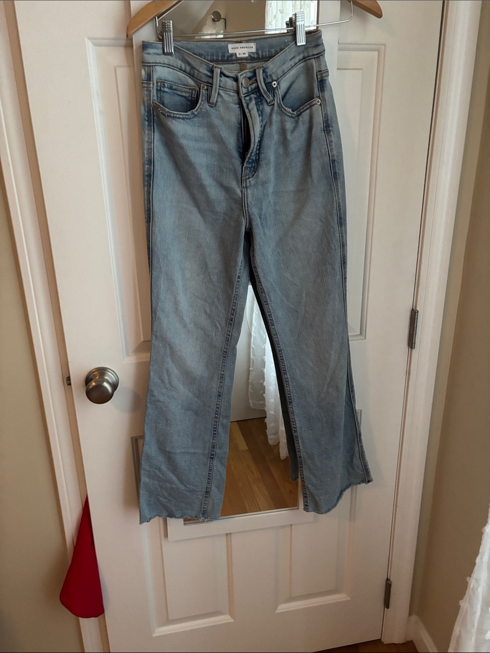 Good American Washed Light Blue Cropped Flare Jeans